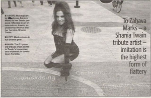 PHOTO DOCUMENTARY WITH THE  TORONTO SUN ABOUT ZAHAVA'S LIFE AS A SHANIA TWAIN TRIBUTE ARTIST